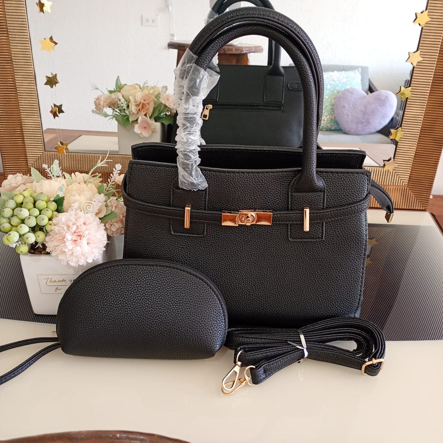 Bolsa de mano negra 3 piezas con correa ajustable